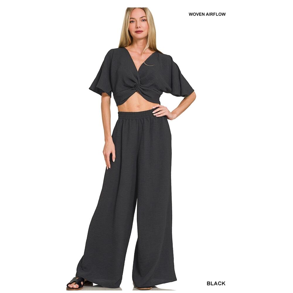 Zenana - Woven Airflow Twisted Top & Wide Leg Pants Set - Medium
